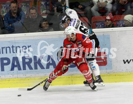 EBEL. Eishockey Bundesliga. KAC gegen 	EHC Liwest Black Wings Linz. Jonathan Rheault, (KAC), Mark Naclerio (Linz). Klagenfurt, am 2.3.2018.
Foto: Kuess

---
pressefotos, pressefotografie, kuess, qs, qspictures, sport, bild, bilder, bilddatenbank