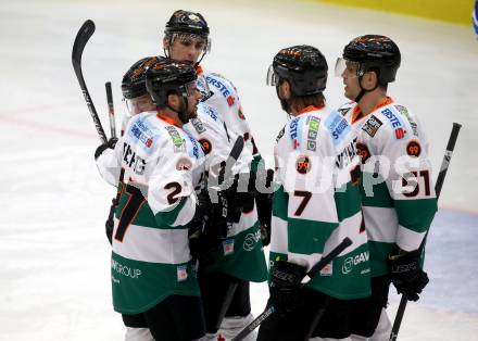 EBEL. Eishockey Bundesliga. EC VSV gegen Moser Medical Graz99ers. Torjubel Mario Lamoureux, Peter Robin Weihager, Daniel Oberkofler, Bernhard Fechtig, Daniel Woger (Graz). Villach, am 2.3.2018.
Foto: Kuess 


---
pressefotos, pressefotografie, kuess, qs, qspictures, sport, bild, bilder, bilddatenbank