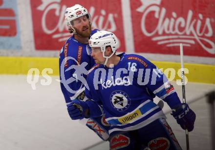 EBEL. Eishockey Bundesliga. EC VSV gegen Moser Medical Graz99ers. Torjubel Jordan Hickmott, Dave Shields (VSV). Villach, am 2.3.2018.
Foto: Kuess 


---
pressefotos, pressefotografie, kuess, qs, qspictures, sport, bild, bilder, bilddatenbank
