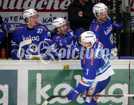 EBEL. Eishockey Bundesliga. EC VSV gegen Moser Medical Graz99ers. Torjubel Ben Walter (VSV). Villach, am 2.3.2018.
Foto: Kuess 


---
pressefotos, pressefotografie, kuess, qs, qspictures, sport, bild, bilder, bilddatenbank