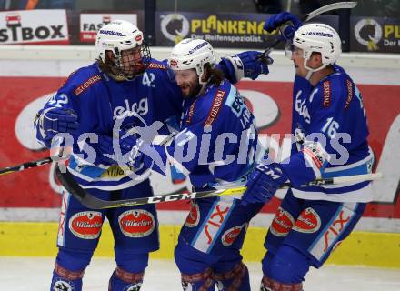 EBEL. Eishockey Bundesliga. EC VSV gegen Moser Medical Graz99ers. Torjubel Benjamin Lanzinger, Samuel Labrecque, Jordan Hickmott (VSV). Villach, am 2.3.2018.
Foto: Kuess 


---
pressefotos, pressefotografie, kuess, qs, qspictures, sport, bild, bilder, bilddatenbank