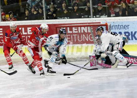 EBEL. Eishockey Bundesliga. KAC gegen 	EHC Liwest Black Wings Linz. Andrew Kozek, Marco Brucker  (KAC), Michael Ouzas, Mario Altmann, Robert Lukas (Linz). Klagenfurt, am 2.3.2018.
Foto: Kuess

---
pressefotos, pressefotografie, kuess, qs, qspictures, sport, bild, bilder, bilddatenbank