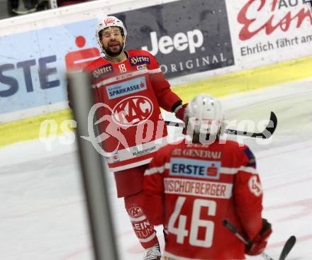 EBEL. Eishockey Bundesliga. KAC gegen 	EHC Liwest Black Wings Linz. Torjubel Thomas Koch, Johannes Bischofberger (KAC). Klagenfurt, am 2.3.2018.
Foto: Kuess

---
pressefotos, pressefotografie, kuess, qs, qspictures, sport, bild, bilder, bilddatenbank