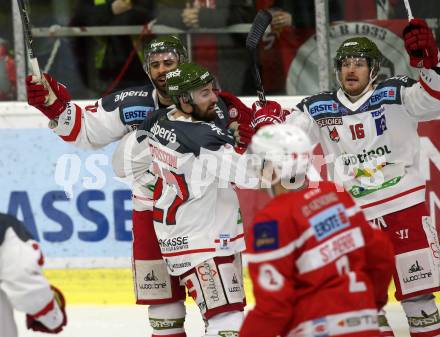 EBEL. Eishockey Bundesliga. KAC gegen 	HCB Suedtirol Alperia. Torjubel Michael Angelidis, Matt Tomassoni, Austin Smith (Bozen). Klagenfurt, am 2.3.2018.
Foto: Kuess

---
pressefotos, pressefotografie, kuess, qs, qspictures, sport, bild, bilder, bilddatenbank