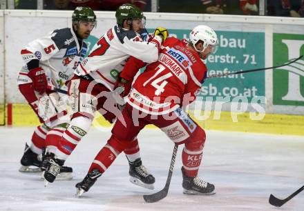 EBEL. Eishockey Bundesliga. KAC gegen 	HCB Suedtirol Alperia. Jamie Lundmark,  (KAC), Matt Tomassoni (Bozen). Klagenfurt, am 2.3.2018.
Foto: Kuess

---
pressefotos, pressefotografie, kuess, qs, qspictures, sport, bild, bilder, bilddatenbank