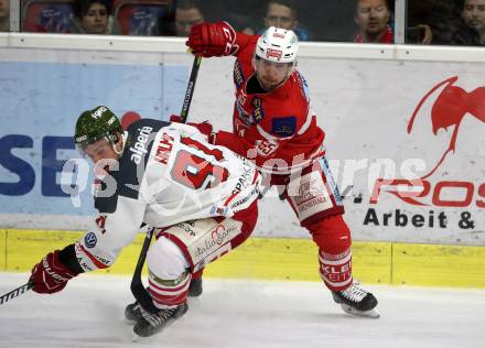 EBEL. Eishockey Bundesliga. KAC gegen 	HCB Suedtirol Alperia. Mitja Robar,  (KAC), Michael Halmo (Bozen). Klagenfurt, am 2.3.2018.
Foto: Kuess

---
pressefotos, pressefotografie, kuess, qs, qspictures, sport, bild, bilder, bilddatenbank