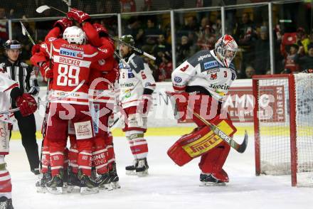 EBEL. Eishockey Bundesliga. KAC gegen 	HCB Suedtirol Alperia. Torjubel Andrew Jacob Kozek, Marco Brucker, Manuel Ganahl, Nickolas St. Pierre, Jullian Talbot (KAC). Klagenfurt, am 2.3.2018.
Foto: Kuess

---
pressefotos, pressefotografie, kuess, qs, qspictures, sport, bild, bilder, bilddatenbank