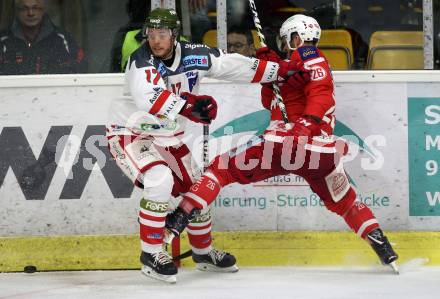 EBEL. Eishockey Bundesliga. KAC gegen 	HCB Suedtirol Alperia. Jonathan Rheault,  (KAC), Alexander Egger (Bozen). Klagenfurt, am 2.3.2018.
Foto: Kuess

---
pressefotos, pressefotografie, kuess, qs, qspictures, sport, bild, bilder, bilddatenbank