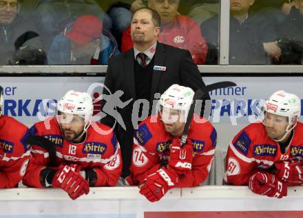 EBEL. Eishockey Bundesliga. KAC gegen 	HCB Suedtirol Alperia. Trainer Steve Walker, Thomas Koch, Jamie Lundmark, Andrew Jacob Kozek (KAC). Klagenfurt, am 2.3.2018.
Foto: Kuess

---
pressefotos, pressefotografie, kuess, qs, qspictures, sport, bild, bilder, bilddatenbank