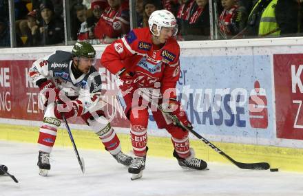 EBEL. Eishockey Bundesliga. KAC gegen 	HCB Suedtirol Alperia. Patrick Harand,  (KAC), Charles Robin Gartner (Bozen). Klagenfurt, am 2.3.2018.
Foto: Kuess

---
pressefotos, pressefotografie, kuess, qs, qspictures, sport, bild, bilder, bilddatenbank