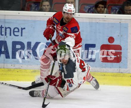 EBEL. Eishockey Bundesliga. KAC gegen 	HCB Suedtirol Alperia. Mitja Robar,  (KAC), Michael Halmo (Bozen). Klagenfurt, am 2.3.2018.
Foto: Kuess

---
pressefotos, pressefotografie, kuess, qs, qspictures, sport, bild, bilder, bilddatenbank