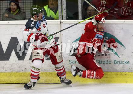 EBEL. Eishockey Bundesliga. KAC gegen 	HCB Suedtirol Alperia. Stefan Geier, (KAC), Michael Halmo (Bozen). Klagenfurt, am 2.3.2018.
Foto: Kuess

---
pressefotos, pressefotografie, kuess, qs, qspictures, sport, bild, bilder, bilddatenbank