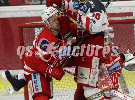 EBEL. Eishockey Bundesliga. KAC gegen 	HCB Suedtirol Alperia. Mitja Robar, (KAC), Michael Angelidis  (Bozen). Klagenfurt, am 2.3.2018.
Foto: Kuess

---
pressefotos, pressefotografie, kuess, qs, qspictures, sport, bild, bilder, bilddatenbank