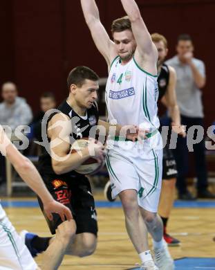 Basketball 2. Bundesliga. Grunddurchgang. 22. Runde. KOS Celovec gegen Mattersburg Rocks. Ziga Erculj,  (KOS),  Dragisa Najdanovic (Mattersburg Rocks). Klagenfurt, am 11.3.2018.
Foto: Kuess
---
pressefotos, pressefotografie, kuess, qs, qspictures, sport, bild, bilder, bilddatenbank