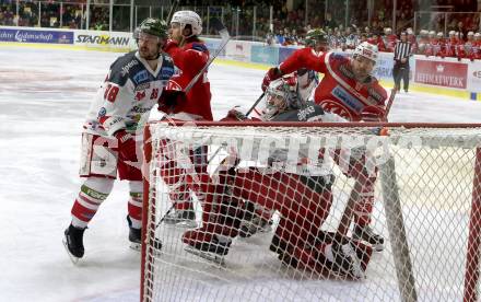 EBEL. Eishockey Bundesliga. KAC gegen 	HCB Suedtirol Alperia. Andrew Jacob Kozek, Manuel Geier (KAC), Pekka Tuokkola, Stefano Marchetti (Bozen). Klagenfurt, am 13.3.2018.
Foto: Kuess

---
pressefotos, pressefotografie, kuess, qs, qspictures, sport, bild, bilder, bilddatenbank