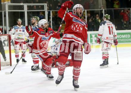 EBEL. Eishockey Bundesliga. KAC gegen 	HCB Suedtirol Alperia. Torjubel Jonathan Rheault, Thomas Koch (KAC). Klagenfurt, am 13.3.2018.
Foto: Kuess

---
pressefotos, pressefotografie, kuess, qs, qspictures, sport, bild, bilder, bilddatenbank