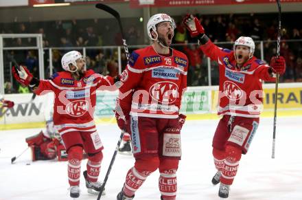 EBEL. Eishockey Bundesliga. KAC gegen 	HCB Suedtirol Alperia. Torjubel Jonathan Rheault, Thomas Koch, Stefan Geier (KAC). Klagenfurt, am 13.3.2018.
Foto: Kuess

---
pressefotos, pressefotografie, kuess, qs, qspictures, sport, bild, bilder, bilddatenbank