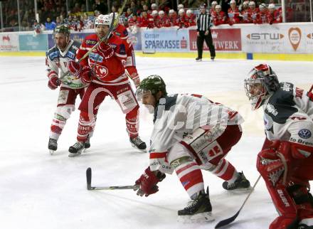 EBEL. Eishockey Bundesliga. KAC gegen 	HCB Suedtirol Alperia. Andrew Jacob Kozek (KAC), Travis Oleksuk, Matthew Clark, Pekka Tuokkola (Bozen). Klagenfurt, am 13.3.2018.
Foto: Kuess

---
pressefotos, pressefotografie, kuess, qs, qspictures, sport, bild, bilder, bilddatenbank