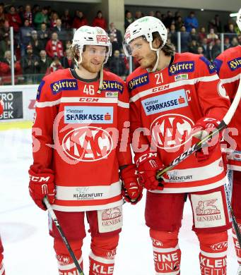 EBEL. Eishockey Bundesliga. KAC gegen 	HCB Suedtirol Alperia. Johannes Bischofberger, Manuel Geier (KAC). Klagenfurt, am 13.3.2018.
Foto: Kuess

---
pressefotos, pressefotografie, kuess, qs, qspictures, sport, bild, bilder, bilddatenbank