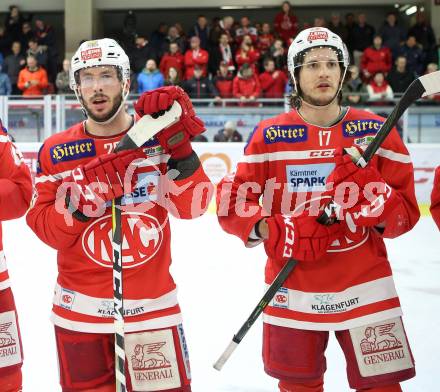 EBEL. Eishockey Bundesliga. KAC gegen 	HCB Suedtirol Alperia. Jonathan Rheault, Manuel Ganahl (KAC). Klagenfurt, am 13.3.2018.
Foto: Kuess

---
pressefotos, pressefotografie, kuess, qs, qspictures, sport, bild, bilder, bilddatenbank