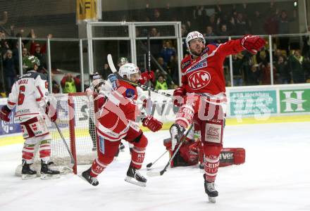 EBEL. Eishockey Bundesliga. KAC gegen 	HCB Suedtirol Alperia. Torjubel Jonathan Rheault, Thomas Koch (KAC). Klagenfurt, am 13.3.2018.
Foto: Kuess

---
pressefotos, pressefotografie, kuess, qs, qspictures, sport, bild, bilder, bilddatenbank