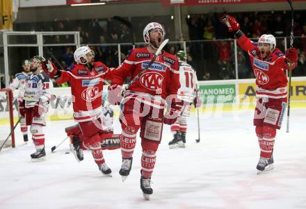 EBEL. Eishockey Bundesliga. KAC gegen 	HCB Suedtirol Alperia. Torjubel Jonathan Rheault, Thomas Koch, Stefan Geier (KAC). Klagenfurt, am 13.3.2018.
Foto: Kuess

---
pressefotos, pressefotografie, kuess, qs, qspictures, sport, bild, bilder, bilddatenbank