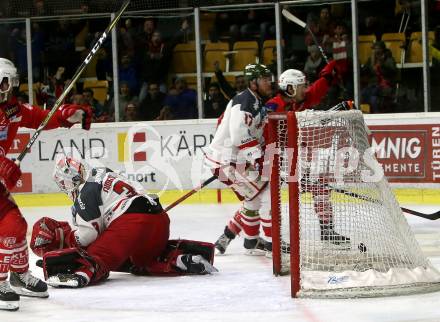 EBEL. Eishockey Bundesliga. KAC gegen 	HCB Suedtirol Alperia. Torjubel Manuel Ganahl,  (KAC), Pekka Tuokkola (Bozen). Klagenfurt, am 13.3.2018.
Foto: Kuess

---
pressefotos, pressefotografie, kuess, qs, qspictures, sport, bild, bilder, bilddatenbank