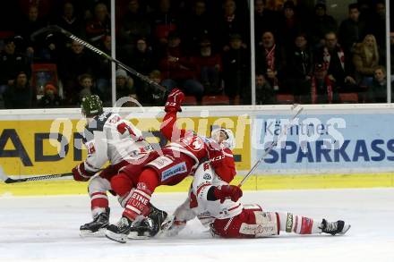 EBEL. Eishockey Bundesliga. KAC gegen 	HCB Suedtirol Alperia. Andrew Jacob Kozek,  (KAC), Christopher Desousa, Christopher Carlisle (Bozen). Klagenfurt, am 13.3.2018.
Foto: Kuess

---
pressefotos, pressefotografie, kuess, qs, qspictures, sport, bild, bilder, bilddatenbank