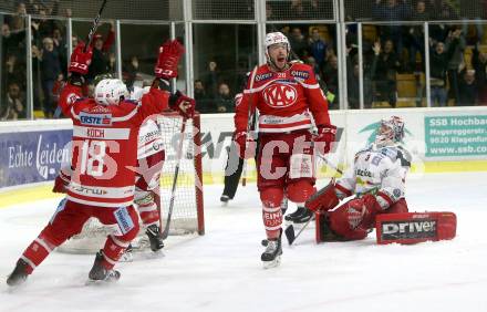 EBEL. Eishockey Bundesliga. KAC gegen 	HCB Suedtirol Alperia. Torjubel Jonathan Rheault, Thomas Koch (KAC). Klagenfurt, am 13.3.2018.
Foto: Kuess

---
pressefotos, pressefotografie, kuess, qs, qspictures, sport, bild, bilder, bilddatenbank