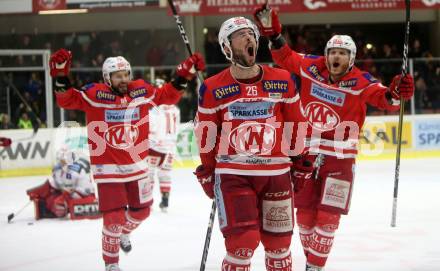 EBEL. Eishockey Bundesliga. KAC gegen 	HCB Suedtirol Alperia. Torjubel Jonathan Rheault, Thomas Koch, Stefan Geier (KAC). Klagenfurt, am 13.3.2018.
Foto: Kuess

---
pressefotos, pressefotografie, kuess, qs, qspictures, sport, bild, bilder, bilddatenbank