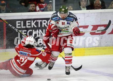 EBEL. Eishockey Bundesliga. KAC gegen 	HCB Suedtirol Alperia. Manuel Ganahl,  (KAC), Michael Halmo (Bozen). Klagenfurt, am 18.3.2018.
Foto: Kuess

---
pressefotos, pressefotografie, kuess, qs, qspictures, sport, bild, bilder, bilddatenbank