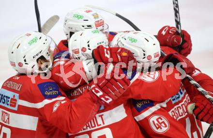 EBEL. Eishockey Bundesliga. KAC gegen 	HCB Suedtirol Alperia. Torjubel Johannes Bischofberger, Jonathan Rheault, Martin Schumnig, Thomas Koch (KAC). Klagenfurt, am 18.3.2018.
Foto: Kuess

---
pressefotos, pressefotografie, kuess, qs, qspictures, sport, bild, bilder, bilddatenbank