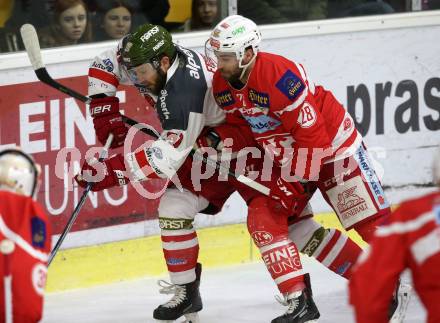 EBEL. Eishockey Bundesliga. KAC gegen 	HCB Suedtirol Alperia. Martin Schumnig,  (KAC), Luca Frigo (Bozen). Klagenfurt, am 18.3.2018.
Foto: Kuess

---
pressefotos, pressefotografie, kuess, qs, qspictures, sport, bild, bilder, bilddatenbank
