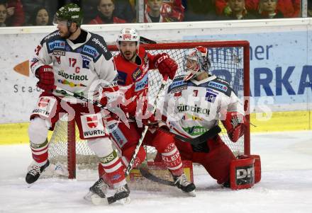 EBEL. Eishockey Bundesliga. KAC gegen 	HCB Suedtirol Alperia. Jonathan Rheault, (KAC), Alexander Egger, Pekka Tuokkola  (Bozen). Klagenfurt, am 18.3.2018.
Foto: Kuess

---
pressefotos, pressefotografie, kuess, qs, qspictures, sport, bild, bilder, bilddatenbank