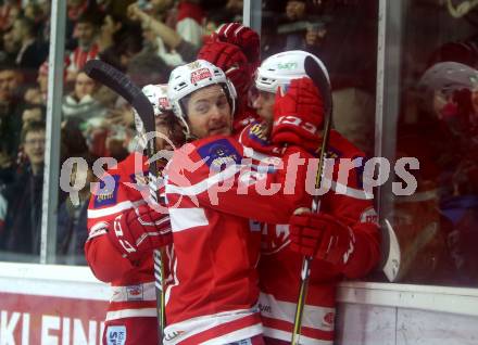 EBEL. Eishockey Bundesliga. KAC gegen 	HCB Suedtirol Alperia. Torjubel Thomas Hundertpfund, Manuel Ganahl,  (KAC). Klagenfurt, am 18.3.2018.
Foto: Kuess

---
pressefotos, pressefotografie, kuess, qs, qspictures, sport, bild, bilder, bilddatenbank
