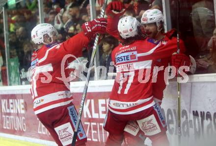 EBEL. Eishockey Bundesliga. KAC gegen 	HCB Suedtirol Alperia. Torjubel Thomas Hundertpfund, Manuel Ganahl, (KAC). Klagenfurt, am 18.3.2018.
Foto: Kuess

---
pressefotos, pressefotografie, kuess, qs, qspictures, sport, bild, bilder, bilddatenbank