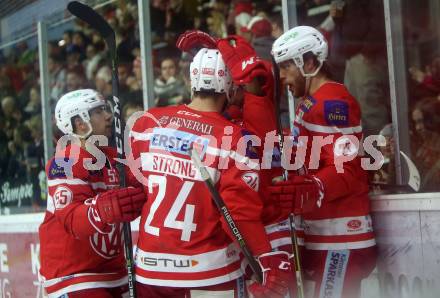 EBEL. Eishockey Bundesliga. KAC gegen 	HCB Suedtirol Alperia. Torjubel Thomas Hundertpfund, Manuel Ganahl, Steven Strong, Mitja Robar (KAC). Klagenfurt, am 18.3.2018.
Foto: Kuess

---
pressefotos, pressefotografie, kuess, qs, qspictures, sport, bild, bilder, bilddatenbank