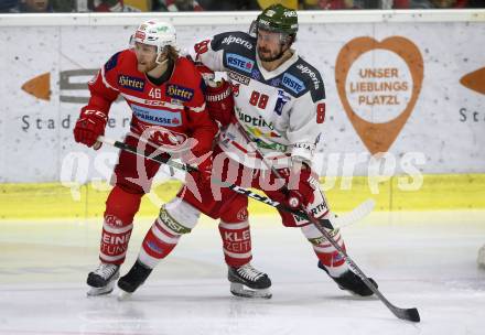 EBEL. Eishockey Bundesliga. KAC gegen 	HCB Suedtirol Alperia. Johannes Bischofberger, (KAC),  Stefano Marchetti  (Bozen). Klagenfurt, am 18.3.2018.
Foto: Kuess

---
pressefotos, pressefotografie, kuess, qs, qspictures, sport, bild, bilder, bilddatenbank