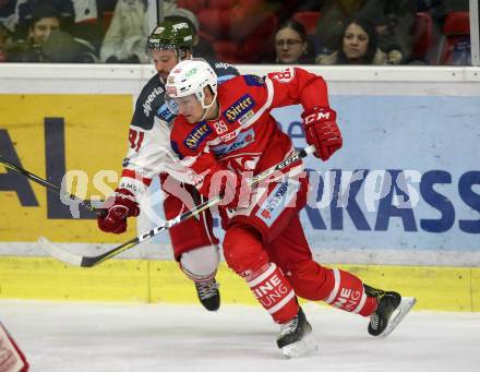 EBEL. Eishockey Bundesliga. KAC gegen 	HCB Suedtirol Alperia. Marco Brucker,  (KAC), Michael Halmo (Bozen). Klagenfurt, am 18.3.2018.
Foto: Kuess

---
pressefotos, pressefotografie, kuess, qs, qspictures, sport, bild, bilder, bilddatenbank