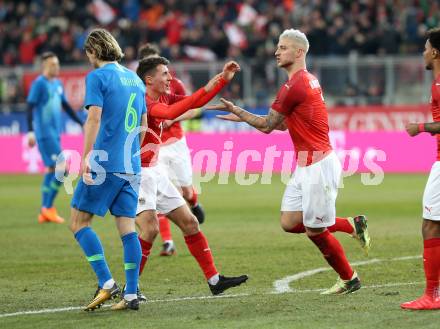Fussball Laenderspiel. Oesterreich gegen Slowenien.Come together. Sport baut Bruecken.  Torjubel Marko Arnautovic (Oesterreich). Klagenfurt, am 23.3.2018.
Foto: Kuess

---
pressefotos, pressefotografie, kuess, qs, qspictures, sport, bild, bilder, bilddatenbank