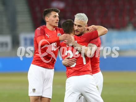Fussball Laenderspiel. Oesterreich gegen Slowenien.Come together. Sport baut Bruecken. Torjubel Marko Arnautovic, Stefan Lainer, Alessandro Schoepf  (Oesterreich). Klagenfurt, am 23.3.2018.
Foto: Kuess

---
pressefotos, pressefotografie, kuess, qs, qspictures, sport, bild, bilder, bilddatenbank