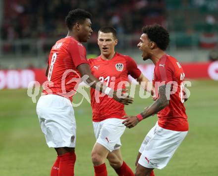 Fussball Laenderspiel. Oesterreich gegen Slowenien.Come together. Sport baut Bruecken.  Torjubel David Alaba, Stefan Lainer, Valentino Lazaro (Oesterreich). Klagenfurt, am 23.3.2018.
Foto: Kuess

---
pressefotos, pressefotografie, kuess, qs, qspictures, sport, bild, bilder, bilddatenbank