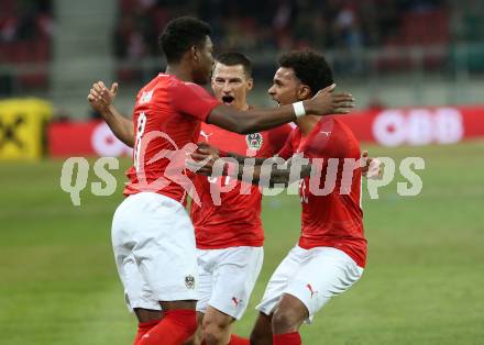 Fussball Laenderspiel. Oesterreich gegen Slowenien.Come together. Sport baut Bruecken.  Torjubel David Alaba, Stefan Lainer, Valentino Lazaro (Oesterreich). Klagenfurt, am 23.3.2018.
Foto: Kuess

---
pressefotos, pressefotografie, kuess, qs, qspictures, sport, bild, bilder, bilddatenbank