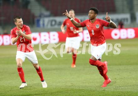 Fussball Laenderspiel. Oesterreich gegen Slowenien.Come together. Sport baut Bruecken.  Torjubel David Alaba (Oesterreich). Klagenfurt, am 23.3.2018.
Foto: Kuess

---
pressefotos, pressefotografie, kuess, qs, qspictures, sport, bild, bilder, bilddatenbank