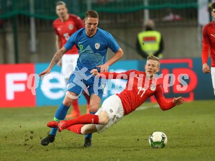 Fussball Laenderspiel. Oesterreich gegen Slowenien.Come together. Sport baut Bruecken. Florian Kainz,   (Oesterreich), Rajko Rotman (Slowienien). Klagenfurt, am 23.3.2018.
Foto: Kuess

---
pressefotos, pressefotografie, kuess, qs, qspictures, sport, bild, bilder, bilddatenbank