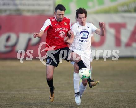 Fussball Kaerntner Liga. SAK gegen Spittal. Roman Sadnek (SAK), Dejan Kecanovic (Spittal). Klagenfurt, am 23.3.2018.
Foto: Kuess
---
pressefotos, pressefotografie, kuess, qs, qspictures, sport, bild, bilder, bilddatenbank