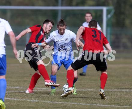 Fussball. Kaerntner Liga. Kraig gegen St. Jakob/Ros.. Georg Pirker (Kraig),  Wolfgang Michael Sereinig, Alexander Stroj (St. Jakob). Kraig, 31.3.2018.
Foto: Kuess
---
pressefotos, pressefotografie, kuess, qs, qspictures, sport, bild, bilder, bilddatenbank