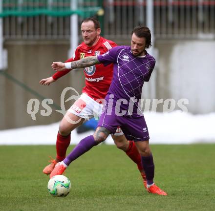 Fussball. Regionalliga. SK Austria Klagenfurt gegen Union Raiffeisen Gurten. Philipp Huetter,  (SK Austria Klagenfurt), Martin Feichtinger  (Union Raiffeisen Gurten). Klagenfurt, 31.3.2018.
Foto: Kuess
---
pressefotos, pressefotografie, kuess, qs, qspictures, sport, bild, bilder, bilddatenbank