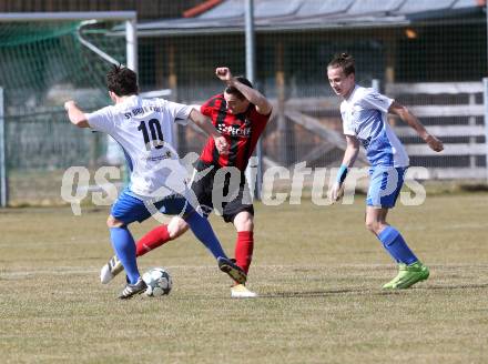 Fussball. Kaerntner Liga. Kraig gegen St. Jakob/Ros.. Leonard Ibrahimi, Georg Pirker (Kraig), Alexander Stroj (St. Jakob). Kraig, 31.3.2018.
Foto: Kuess
---
pressefotos, pressefotografie, kuess, qs, qspictures, sport, bild, bilder, bilddatenbank