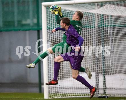 Fussball. Regionalliga. SK Austria Klagenfurt gegen Union Raiffeisen Gurten. Thomas Hirschhofer,  (SK Austria Klagenfurt), Felix Rudolf Wimmer  (Union Raiffeisen Gurten). Klagenfurt, 31.3.2018.
Foto: Kuess
---
pressefotos, pressefotografie, kuess, qs, qspictures, sport, bild, bilder, bilddatenbank